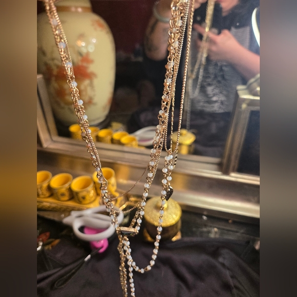 Gold Layered Lariat Necklace – Dichroic Glass & Opal Beads Y-Necklace - Picture 5 of 8